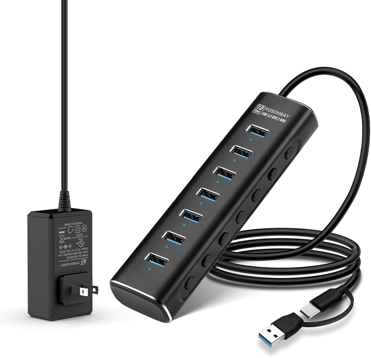 Rosonway, RSH-A107, hub USB 3.2 de 7 puertos, alimentado, adaptador 12V/2A