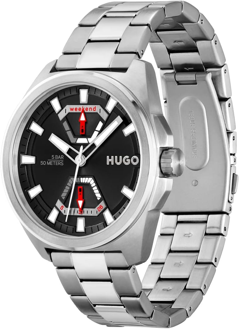 HUGO #Expose 1530242 - Reloj multifunción de acero inoxidable y pulsera de eslabones para hombre, color: plateado (modelo: 1530242)