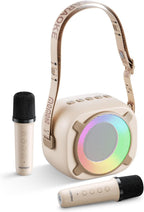 Mini máquina de karaoke con altavoz Bluetooth portátil con 2 micrófonos inalámbricos y luces de fiesta para niñas y niños, regalos de cumpleaños para fiestas familiares (vainilla)