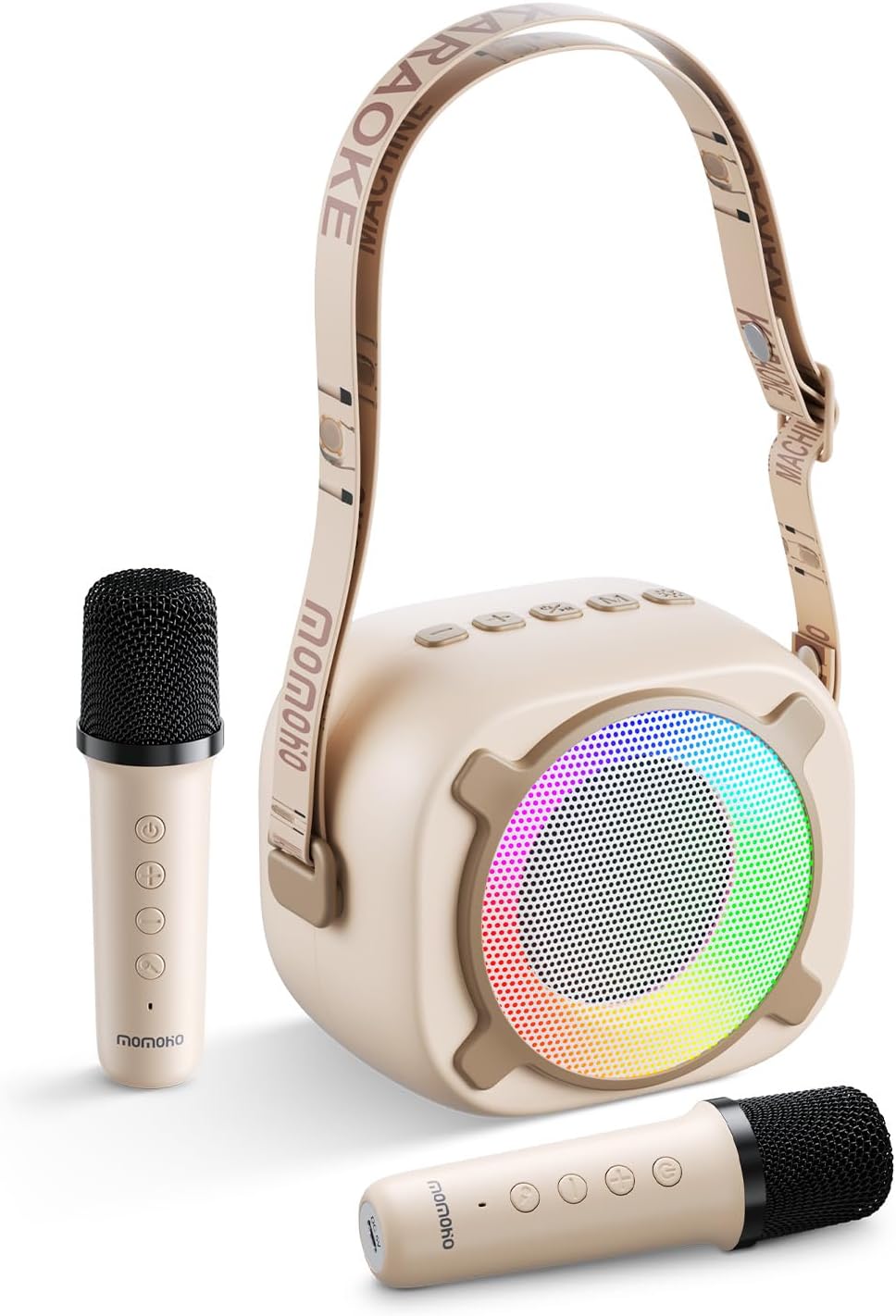 Mini máquina de karaoke con altavoz Bluetooth portátil con 2 micrófonos inalámbricos y luces de fiesta para niñas y niños, regalos de cumpleaños para fiestas familiares (vainilla)