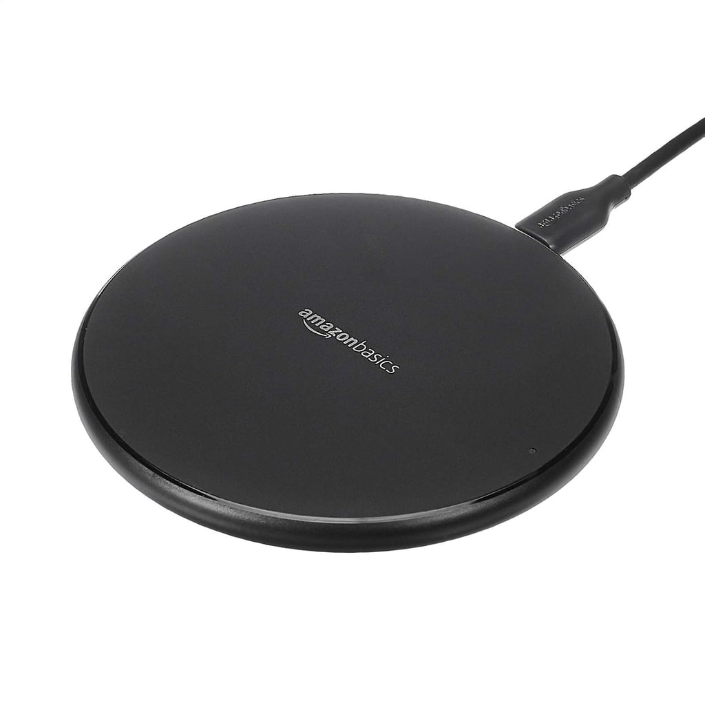 Amazon Basics Cargador inalámbrico, almohadilla de carga inalámbrica con certificación Qi de 15 W con cable USB, compatible con iPhone 15/14/13/12/11/X, Samsung y LG, compatible con funda, negro