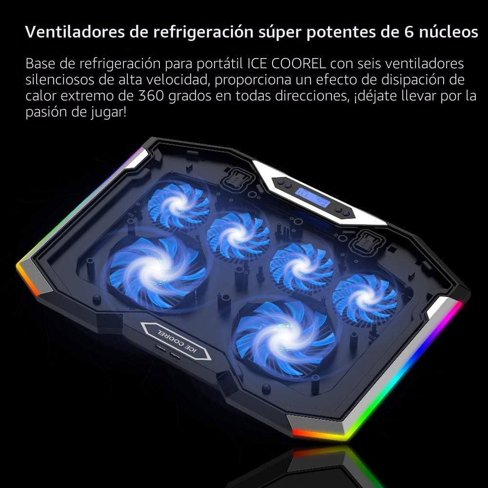 Almohadilla de enfriamiento para laptop de juegos de 15-17.3 pulgadas, ventilador para laptop con 6 ventiladores de enfriamiento RGB, soporte de enfriamiento para laptop con 6 ajustes de