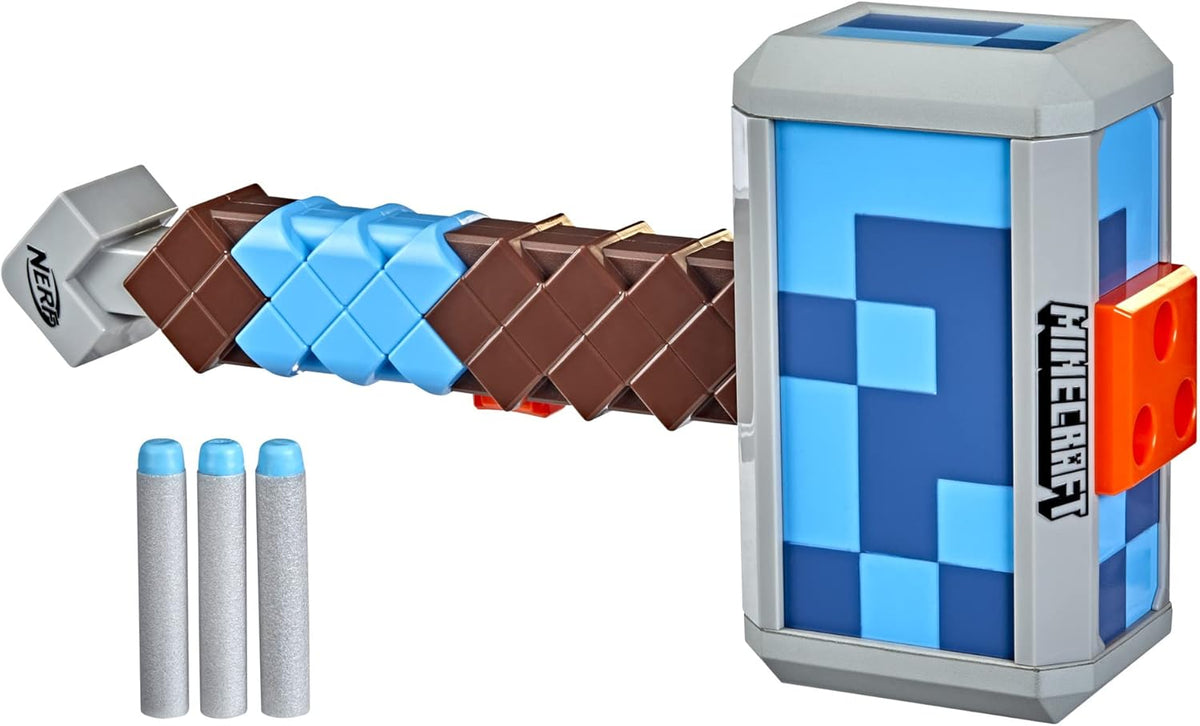 Nerf Minecraft Stormlander Martillo Lanzador de Dardos, Dispara 3 Dardos, Incluye 3 Dardos Elite Oficiales, Mango de Cebado con Tirador (Exclusivo de Amazon)