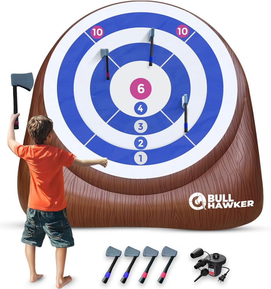 Swooc Games - Bull Hawker | Dardos de hacha gigante con más de 15 juegos | Juego de lanzamiento de hachas para patio trasero con bomba de aire | Juegos grandes al aire libre para adultos y familia |