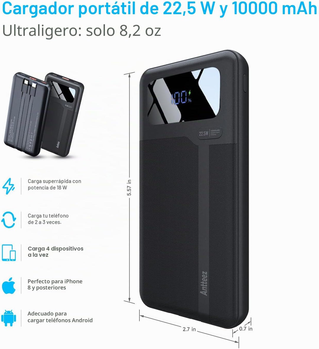 Antteez Cargador portátil de 10,000 mAh, cargador de batería de car...