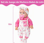 XFEYUE Muñeca de bebé de 12 pulgadas con lazo rosa conjunto de ropa para