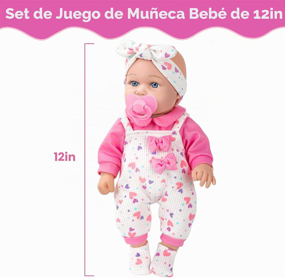 XFEYUE Muñeca de bebé de 12 pulgadas con lazo rosa conjunto de ropa para