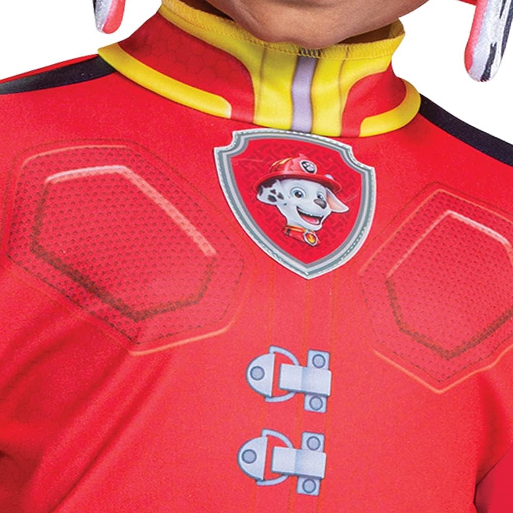 Disguise Disfraz de Patrulla Canina Marshall con sombrero y overol para niños, traje de personaje de película de Paw Patrol con insignia, talla grande (4-6)