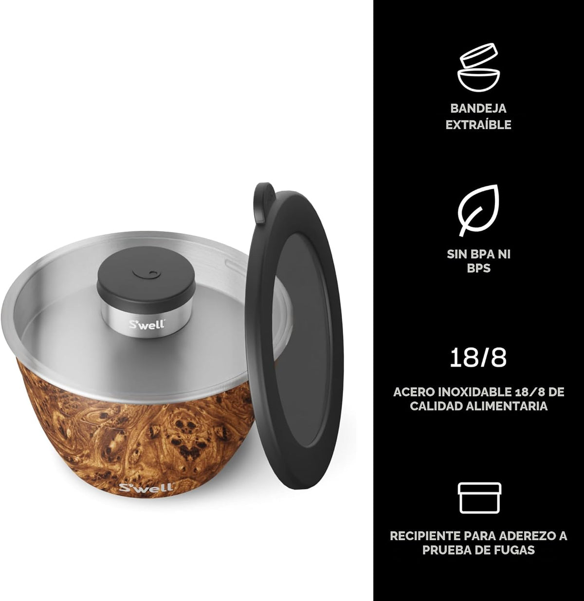 Kit de tazón para ensalada de acero inoxidable S’well de 64oz, acabado en madera de teca, incluye contenedor de condimentos de 2oz y bandeja extraíble, a prueba de fugas y fácil de limpiar, apto para