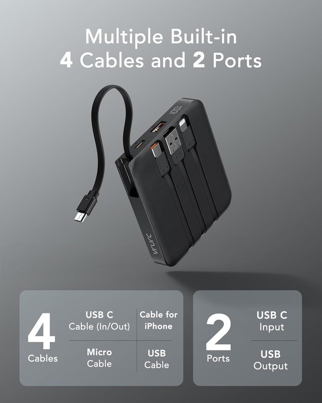 VRURC - Cargador portátil con cable incorporado, batería de 10000 m...