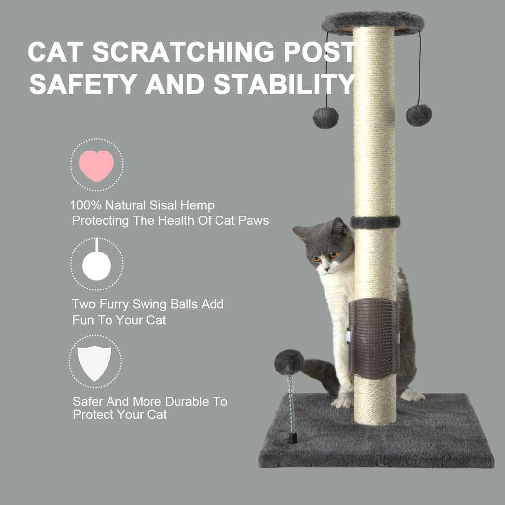 PEEKAB Poste rascador de sisal para gatos de 32 pulgadas de alto, con bola colgante y cepillo de auto-masaje, rascador vertical para gatos y gatitos de interior, color gris, 32 pulgadas