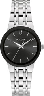 Bulova Reloj moderno de cuarzo de 3 manecillas de acero inoxidable para mujer, estilo de esfera negra: 96L299