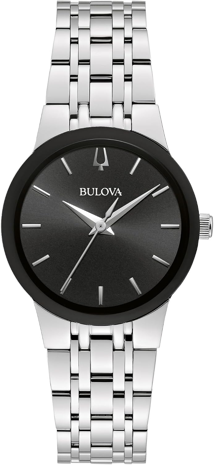 Bulova Reloj moderno de cuarzo de 3 manecillas de acero inoxidable para mujer, estilo de esfera negra: 96L299