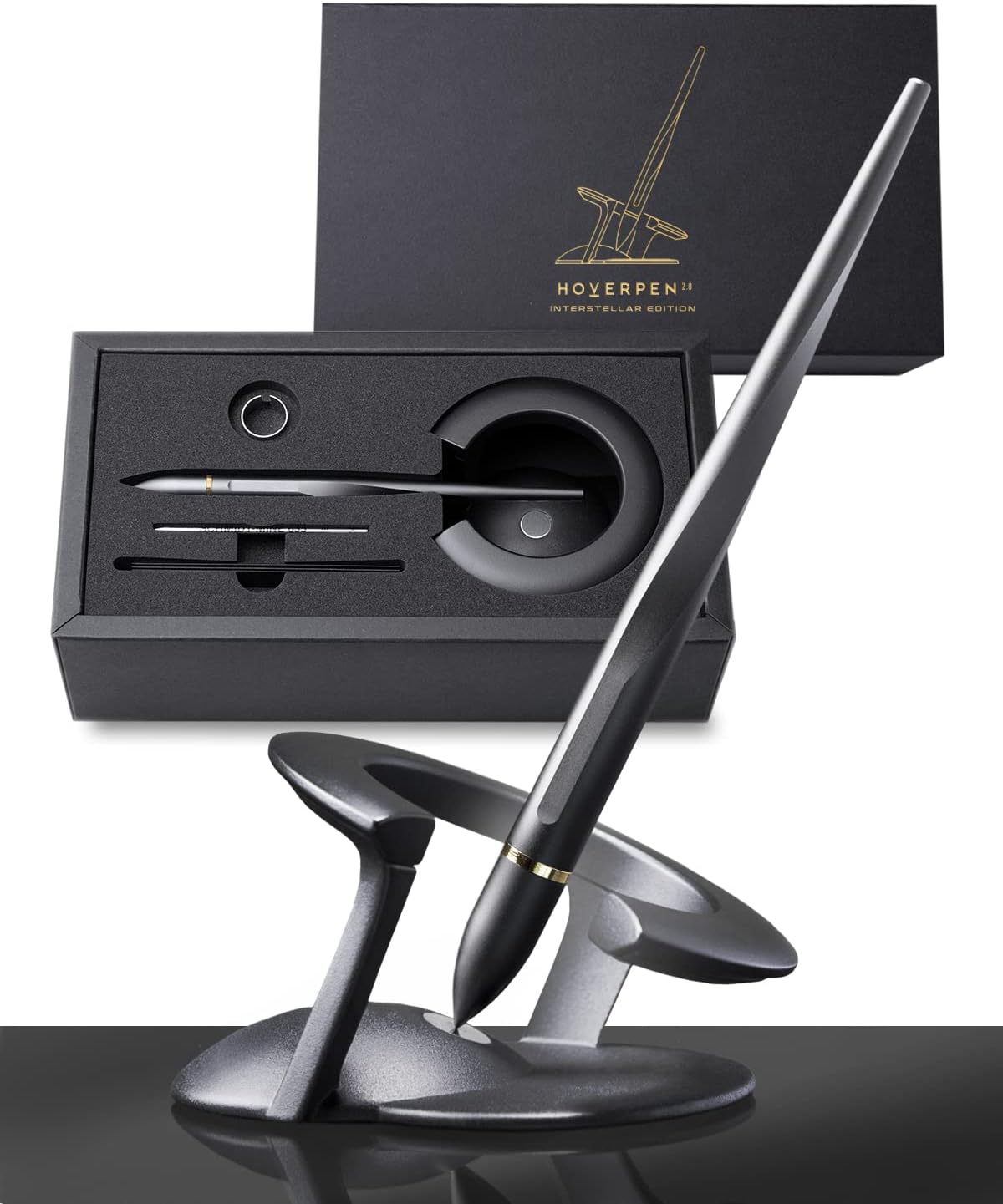 novium Hoverpen Interstellar - Space Black, bolígrafo, anillo de pluma chapado en oro de 18 quilates, ángulo de 23.5 grados, repuesto de bolígrafo Schmidt, sin derrames, sin manchas, sin explosiones