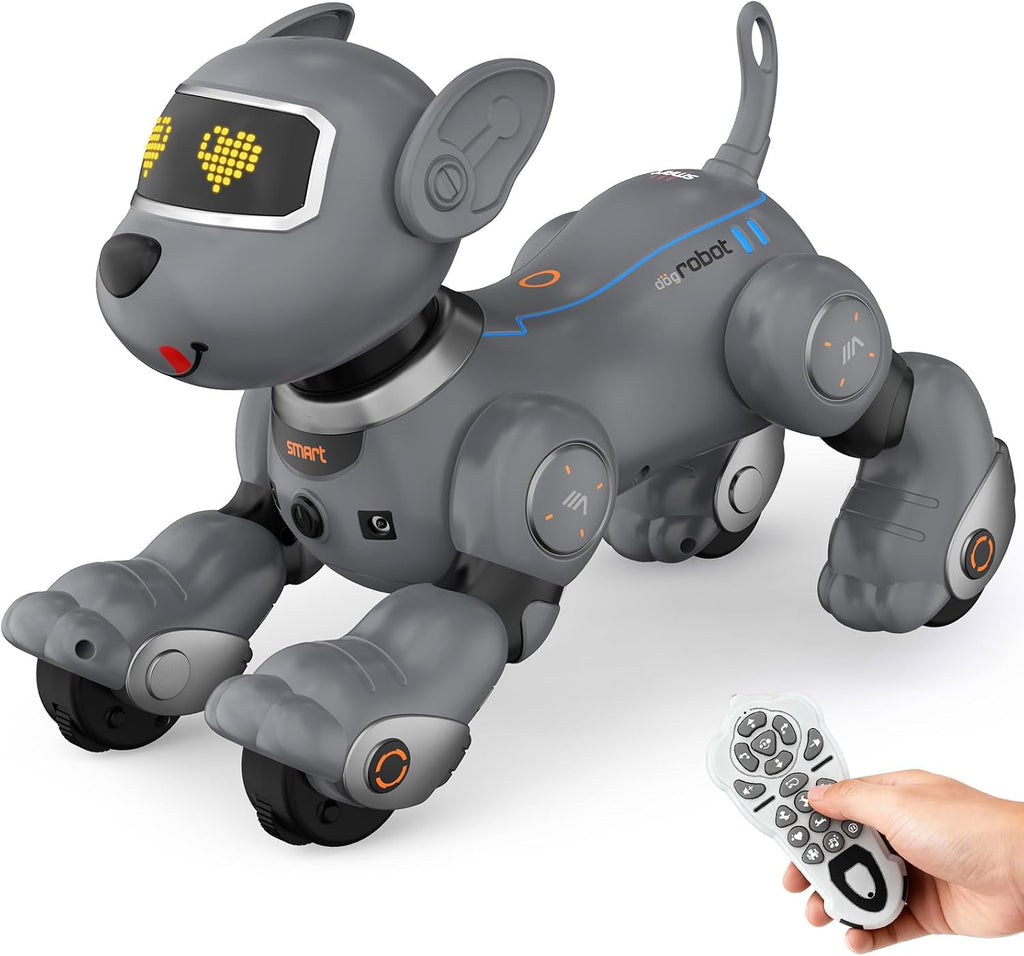 PRANITE Perro robot, juguete programable para perros con control remoto para niños con seguimiento de una tecla, control de voz, tacto, baile, canto, juguete inteligente para cachorros de acrobacias RC regalo para niños y niñas (gris)