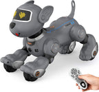 PRANITE Perro robot, juguete programable para perros con control remoto para niños con seguimiento de una tecla, control de voz, tacto, baile, canto, juguete inteligente para cachorros de acrobacias RC regalo para niños y niñas (gris)