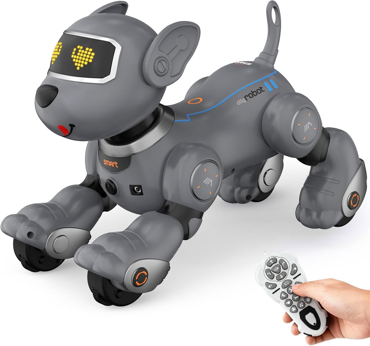 PRANITE Perro robot, juguete programable para perros con control remoto para niños con seguimiento de una tecla, control de voz, tacto, baile, canto, juguete inteligente para cachorros de acrobacias RC regalo para niños y niñas (gris)