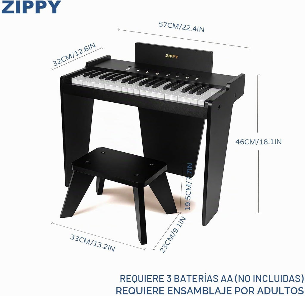 ZIPPY Teclado de piano para niños, piano digital de 37 teclas para niños, instrumento educativo musical, piano de madera para niñas y niños a partir de 3 años (negro Plus)