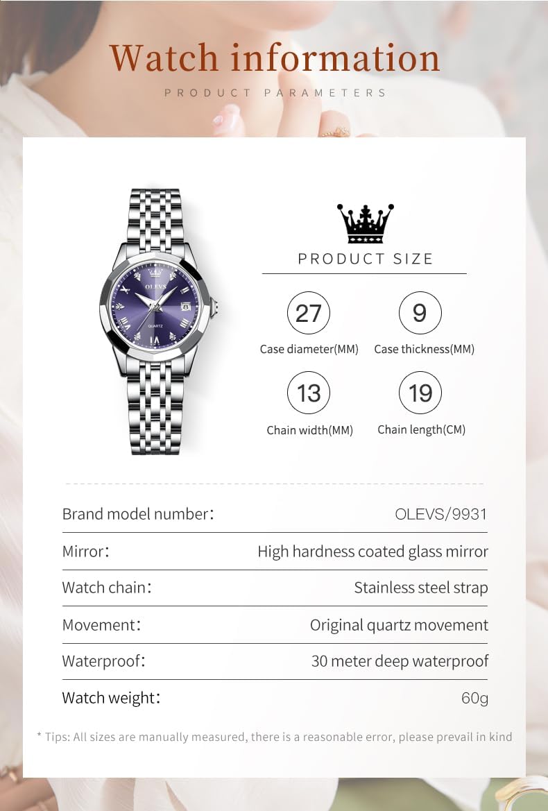 OLEVS Reloj Analógico de Cuarzo para Mujer, Acero Inoxidable Plateado de Dos Tonos, Moda, Resistente al Agua, Luminoso, con Fecha y Día, Relojes de Pulsera para Damas