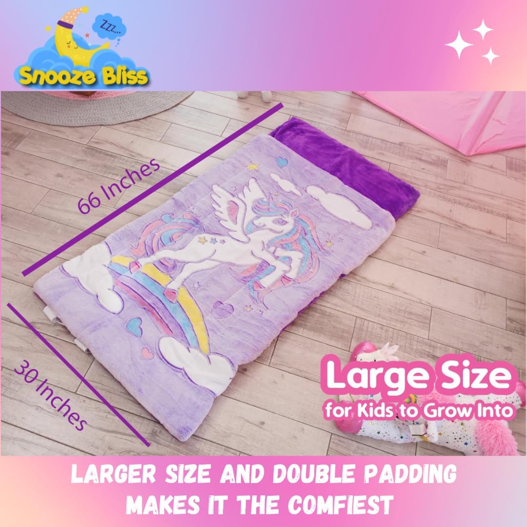 Saco de dormir de unicornio para niños: los sacos de dormir que brillan en la oscuridad son divertidos regalos de unicornio para niñas. Perfecto para fiestas de pijamas, camping, tapete de siesta de felpa para preescolar, con bolsillo para almohada, más