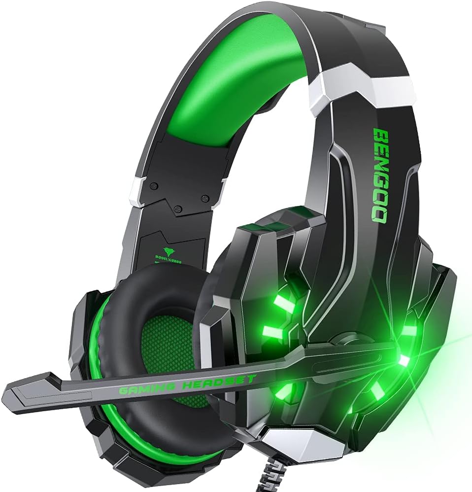 BENGOO G9000 - Auriculares de juego estéreo para PS4, PC, Xbox One, controlador PS5, auriculares con cancelación de ruido sobre la oreja con micrófono, luz LED, graves envolventes, orejeras de memoria