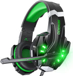 BENGOO G9000 - Auriculares de juego estéreo para PS4, PC, Xbox One, controlador PS5, auriculares con cancelación de ruido sobre la oreja con micrófono, luz LED, graves envolventes, orejeras de memoria