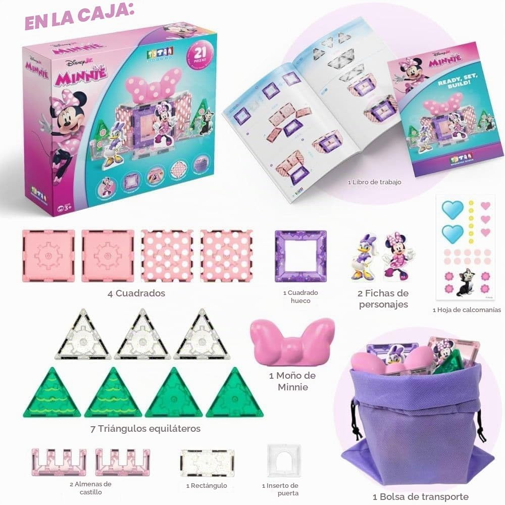Tytan Juego Oficial de Fichas Magnéticas de Personajes de Disney Junior Minnie Mouse – Juguete de Construcción STEAM de 21 Piezas con Calcomanías Reutilizables y Manual de Instrucciones – Juguete