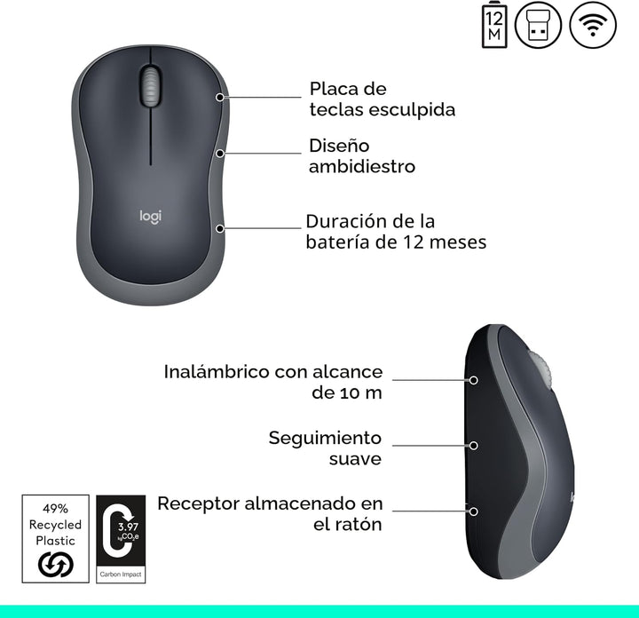 Logitech Mouse inalámbrico M185, 2.4 GHz con mini receptor USB, dur...