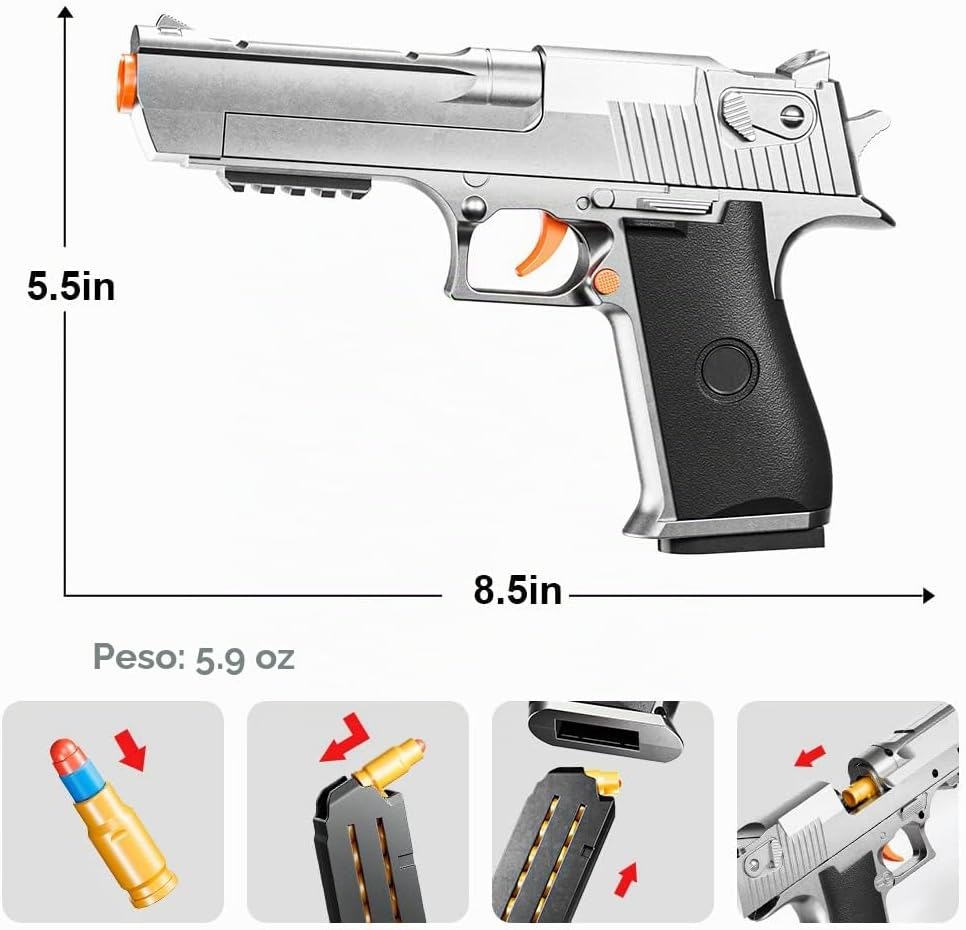 Paquete de 2 lanzadores de juguete de eyección de espuma EVA M1911, disparos con dardos de espuma, juegos de disparos, diversión en el patio trasero y juegos al aire libre, modelo de juguete educativo