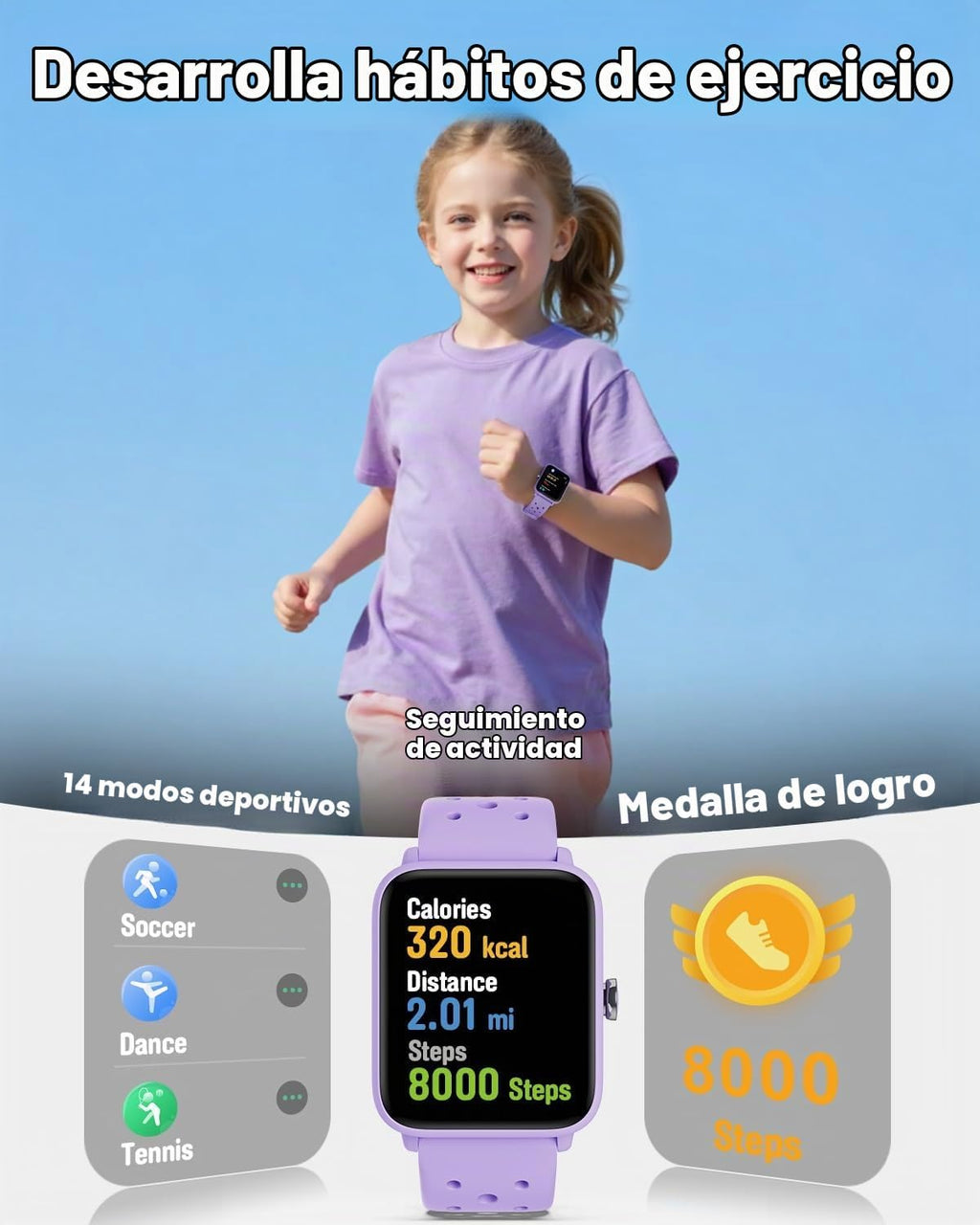 BIGGERFIVE Reloj inteligente para niños sin aplicación, podómetro, ritmo cardíaco, impermeable 5 ATM, monitor de sueño, contador de pasos de calorías, juegos, reloj despertador para niñas de 5 a 14, lila poroso