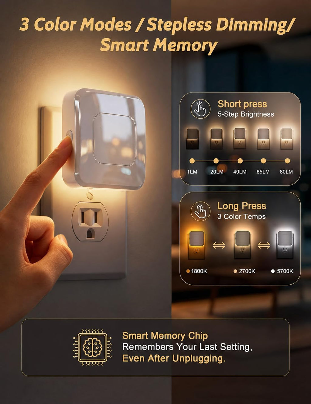 Luz nocturna LED enchufable con sensor de movimiento y del atardecer al amanecer, 3 temperaturas de color (1800K/2700K/5700K), 5 niveles de brillo preestablecidos, diseño retroiluminado, 1-80LM