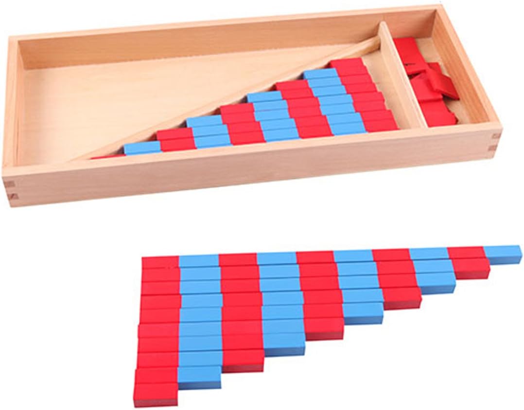YHZAN Montessori Mathematics Material – Varillas numéricas pequeñas con número de fichas Orden de Número y Quanlity Aprendizaje Color Rojo Azul con Caja de Madera Versión Familiar