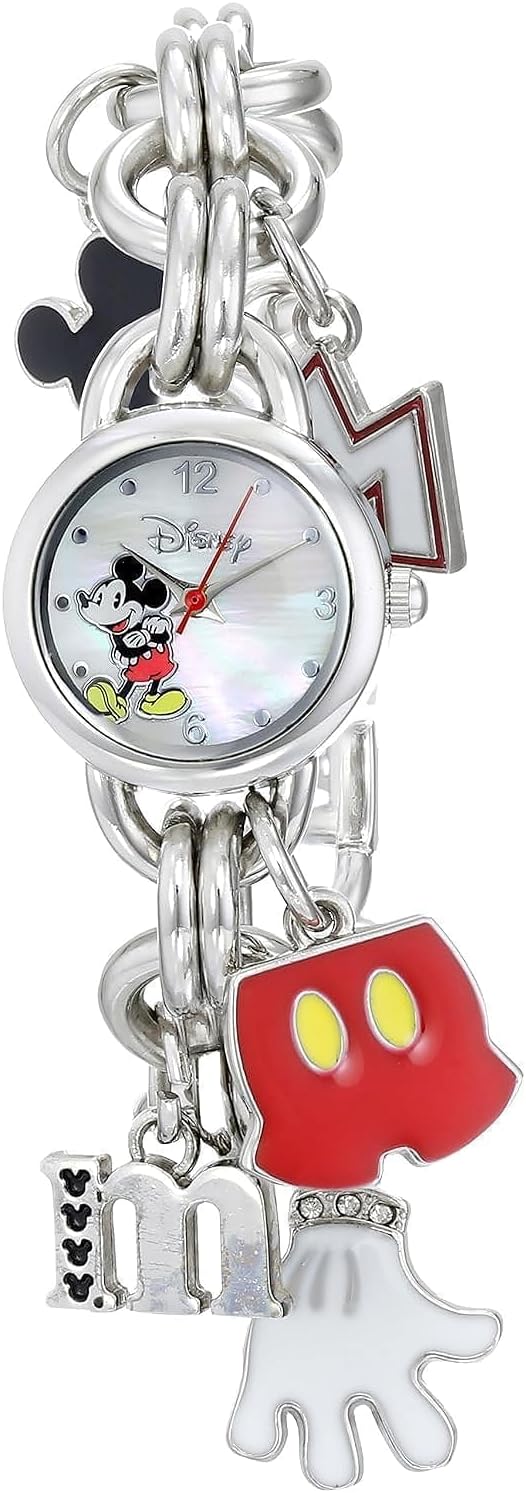 Disney Mickey Mouse - Reloj de pulsera para niños con esfera impresa de Mickey y dijes de personajes divertidos, eslabones de cadena con acabado plateado, se adapta a muñecas de 5.5 a 8 pulgadas