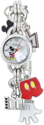 Disney Mickey Mouse - Reloj de pulsera para niños con esfera impresa de Mickey y dijes de personajes divertidos, eslabones de cadena con acabado plateado, se adapta a muñecas de 5.5 a 8 pulgadas