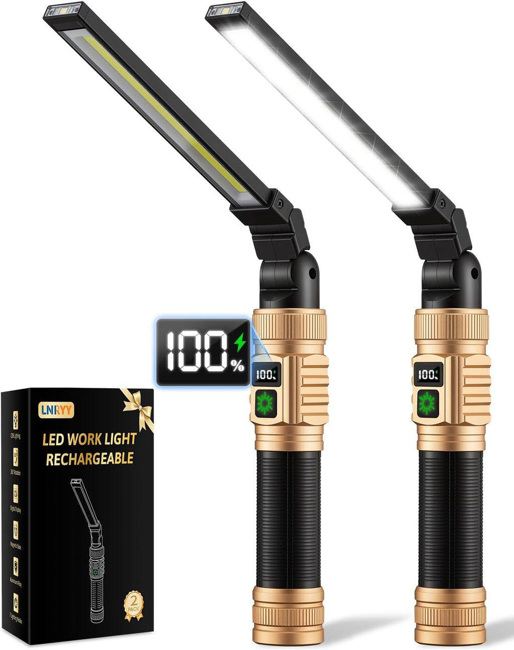 LNRYY Paquete de 2 luces de trabajo magnéticas, 1500 lúmenes altos y luz de trabajo LED recargable de aluminio, 7 modos y rotación de 360°, luz mecánica para reparación de automóviles, regalos del día