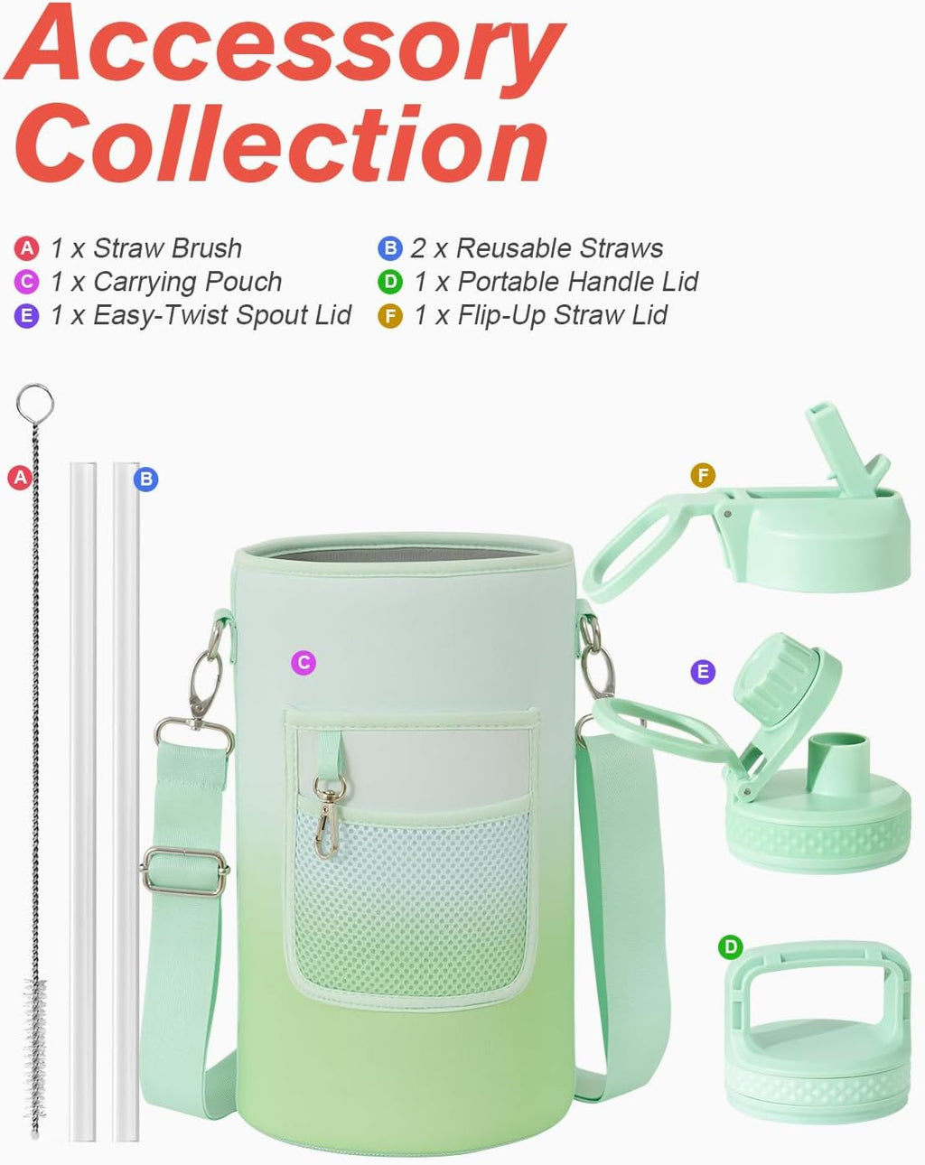 Coolflask Botella de agua de 128 onzas aislada con popote y 3 tapas a