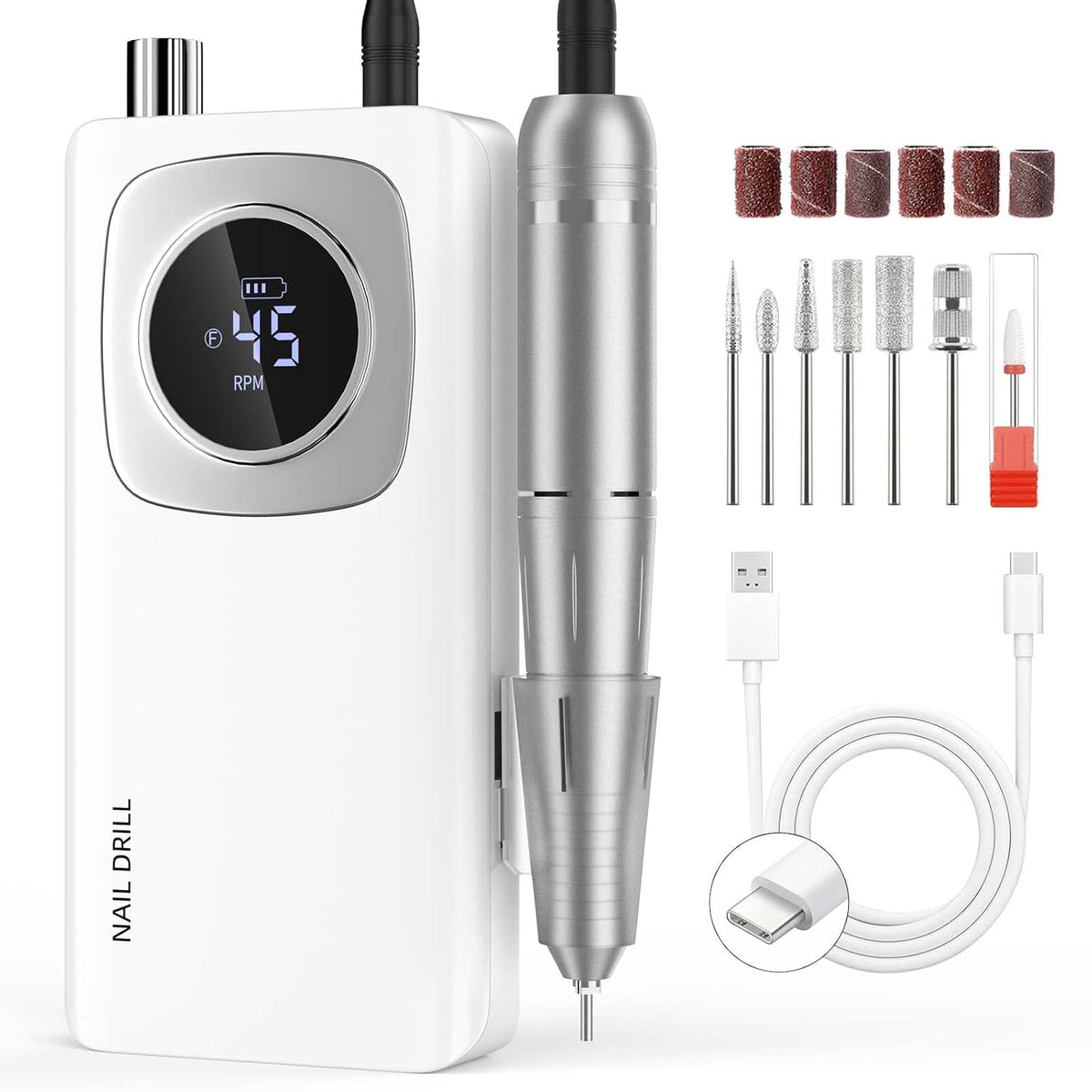 Taladro de uñas eléctrico profesional: lima de uñas recargable con brocas para uñas de gel acrílicas, taladro profesional de uñas, manicura y pedicura, herramientas de forma de pulido para el hogar y salón (blanco)