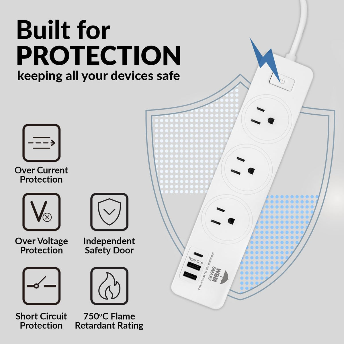WBM SMART Regleta de alimentación de 5.9 pies 10 A - Enchufe de cable de extensión, paquete de 2 con 2 puertos USB y 1 enchufe tipo C, extensor de salida múltiple para el hogar, la oficina y el