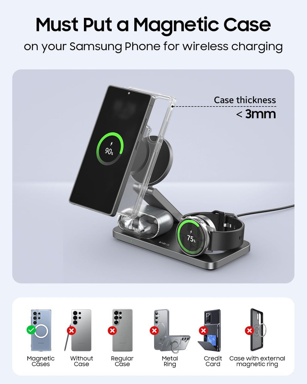 Estación de carga inalámbrica magnética plegable 3 en 1 para Samsung, soporte de cargador inalámbrico para Galaxy S26 Ultra S25/S24/Note 20/Flip 7/Fold 7, para Galaxy Watch Ultra/8/7/6, Galaxy Buds 3