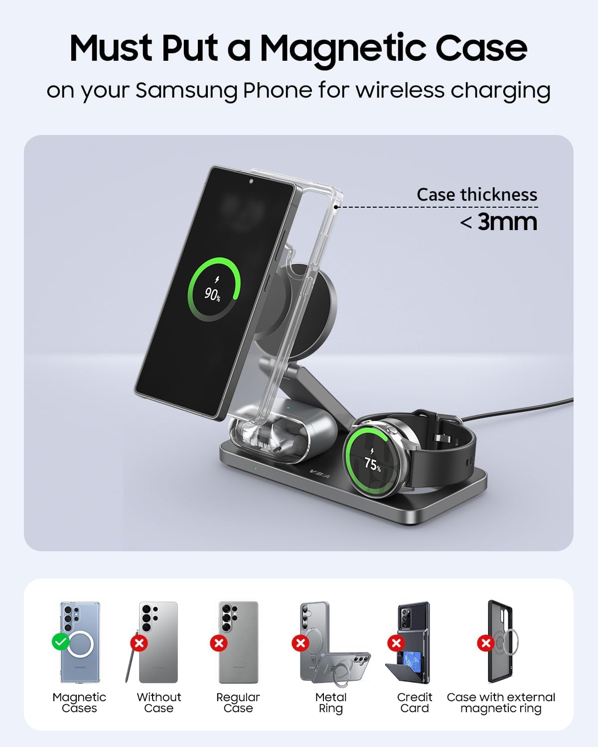 Estación de carga inalámbrica magnética plegable 3 en 1 para Samsung, soporte de cargador inalámbrico para Galaxy S26 Ultra S25/S24/Note 20/Flip 7/Fold 7, para Galaxy Watch Ultra/8/7/6, Galaxy Buds 3