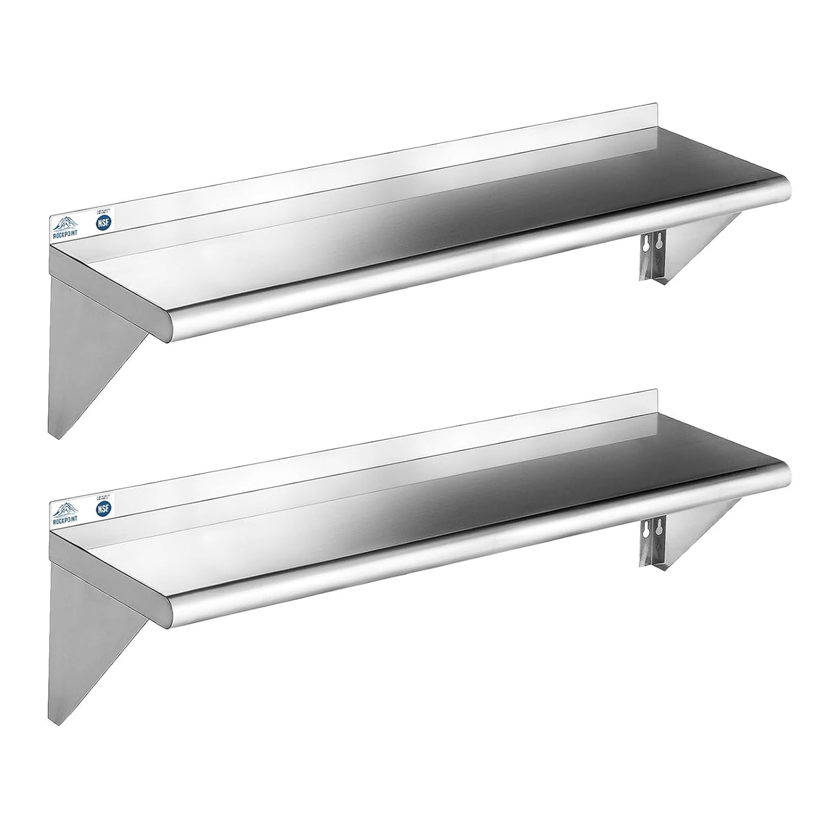 ROCKPOINT Estante de acero inoxidable de 12 x 48 pulgadas, 350 libras, paquete de 2 estantes flotantes de montaje en pared comercial NSF con protector contra salpicaduras para restaurante, cocina
