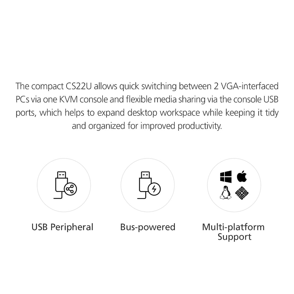 ATEN CS22U - Conmutador KVM de 2 puertos USB y cable VGA con selector de puerto remoto