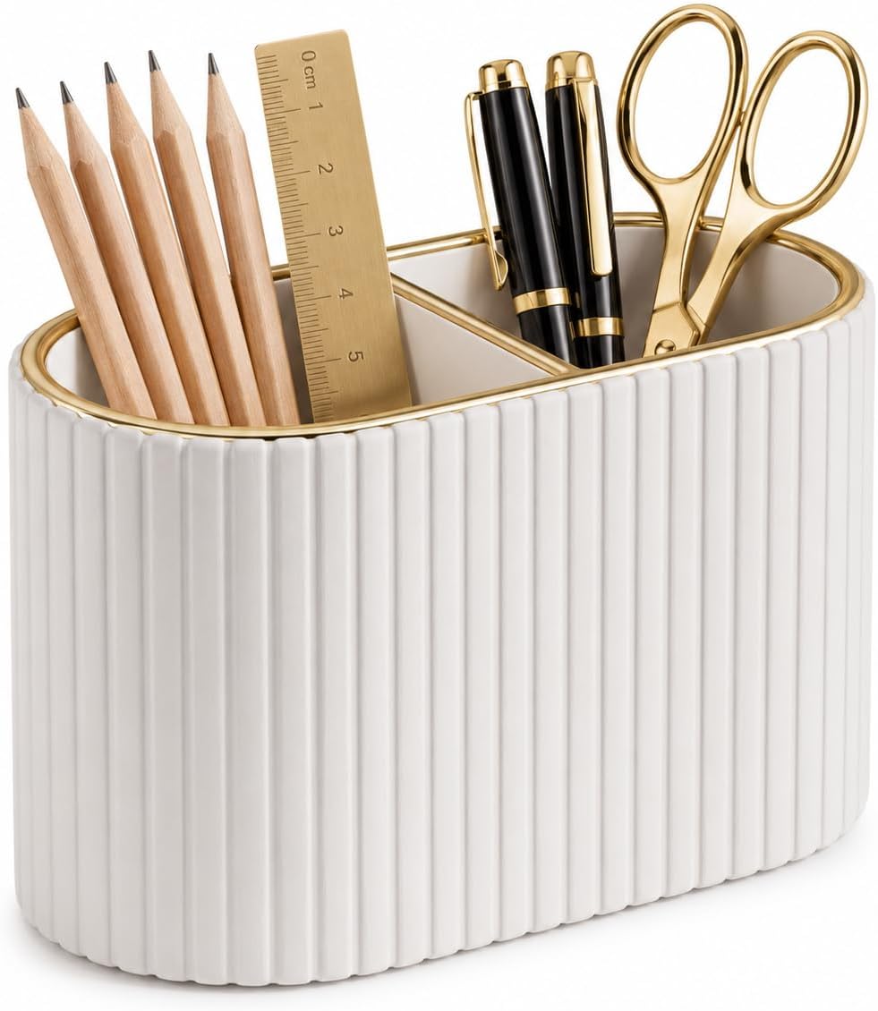 Organizador de escritorio de piel sintética, soporte para bolígrafo, elegante compartimento doble, soporte para control remoto, suministros de escritorio y accesorios, organizador para oficina