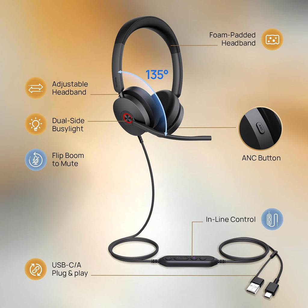 Yealink Auriculares con cable UH48 SE ANC, USB-C/A, controles en línea, 6