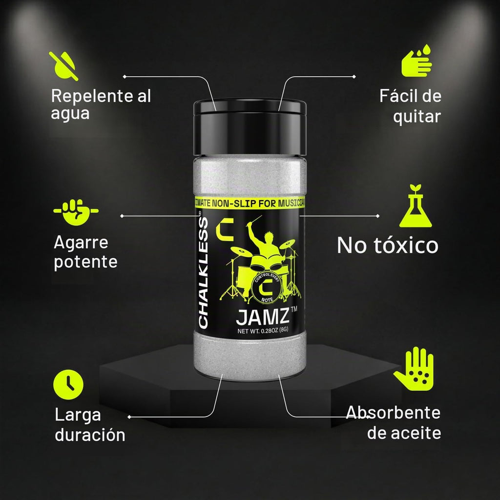 Chalkless Jamz Grip - Polvo para músicos, potenciador de agarre absorbente de aceite y alternativa de tiza de mano para baquetas, púas de guitarra, latón, probado en escenario para bateristas