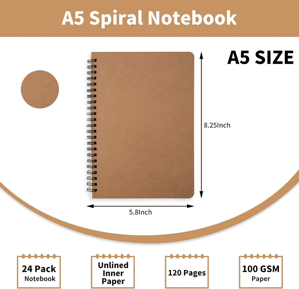 Paquete de 24 cuadernos en espiral A5, tapa suave, boceto en blanco, cuaderno encuadernado con alambre, 120 páginas, diario de papel sin forro para oficina, negocios, suministros