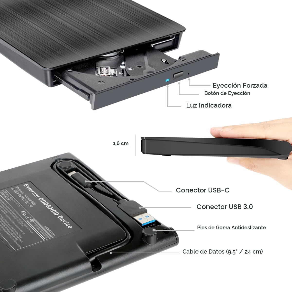 ROOFULL Unidad externa de CD y DVD para portátil y Mac con funda, U...