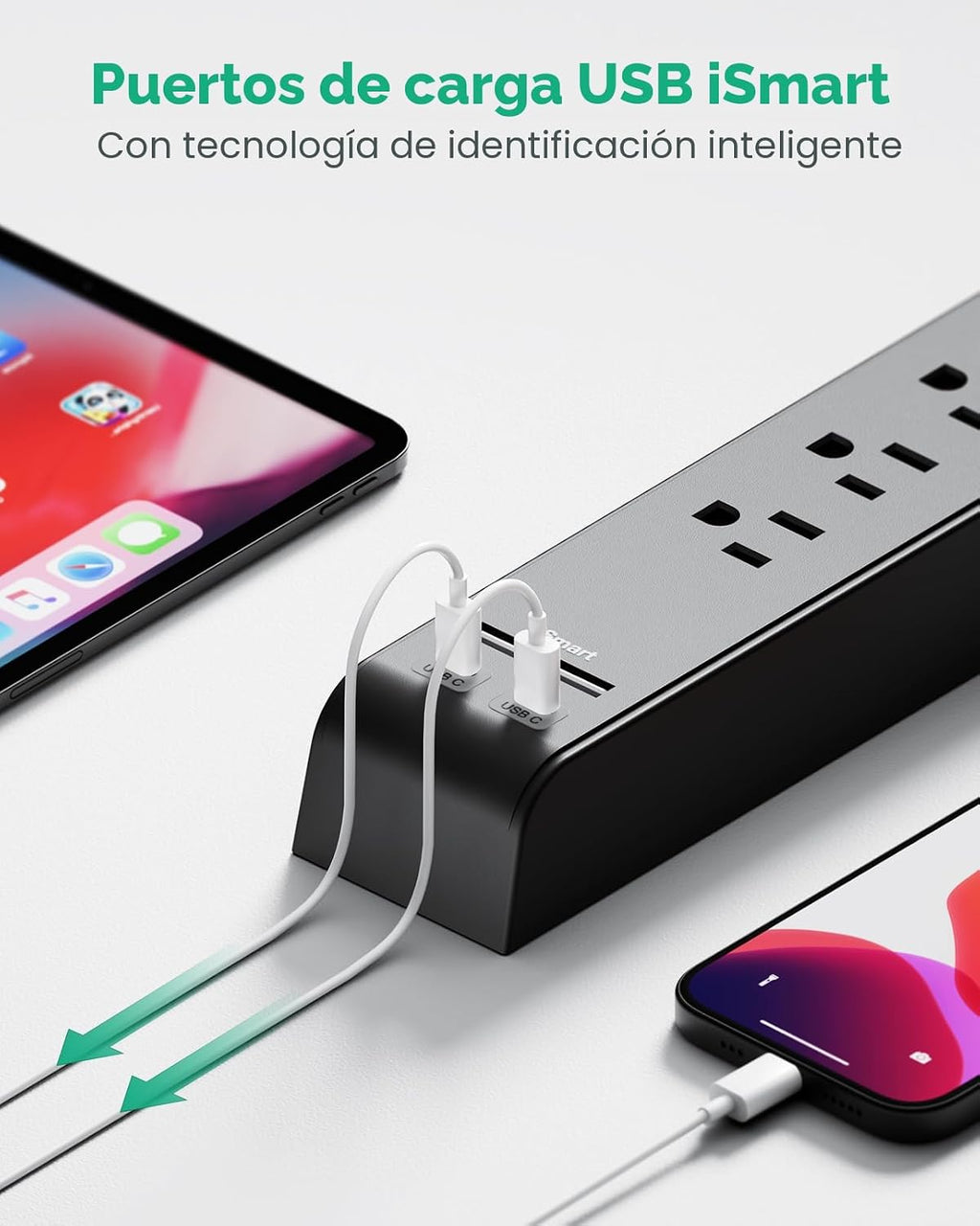 2 Paquetes de Protector de Sobrecorriente Power Strip con 6 Tomacorrientes y 4 Puertos USB