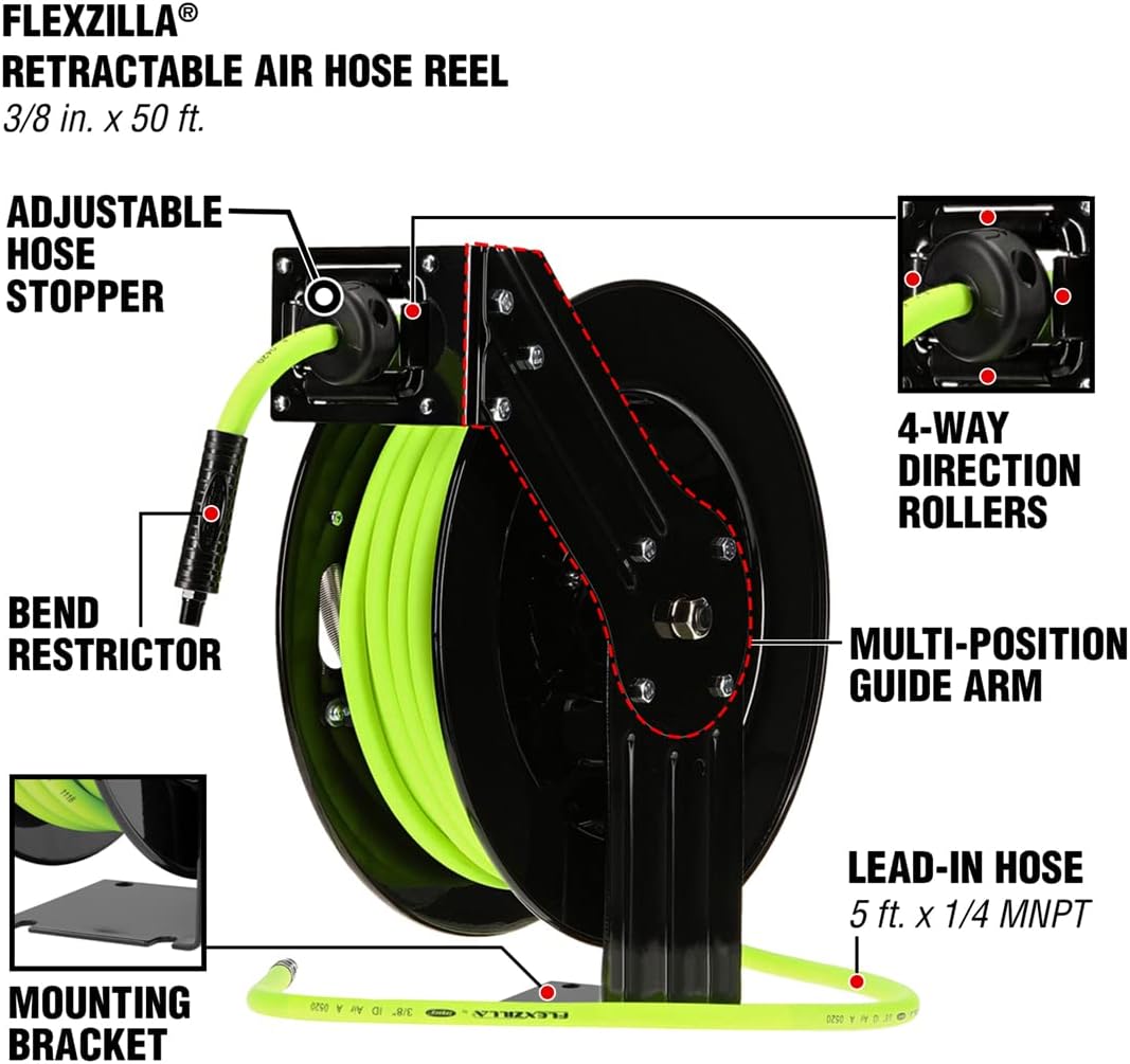 Flexzilla Carrete de manguera de aire retráctil de cara abierta, 3\...