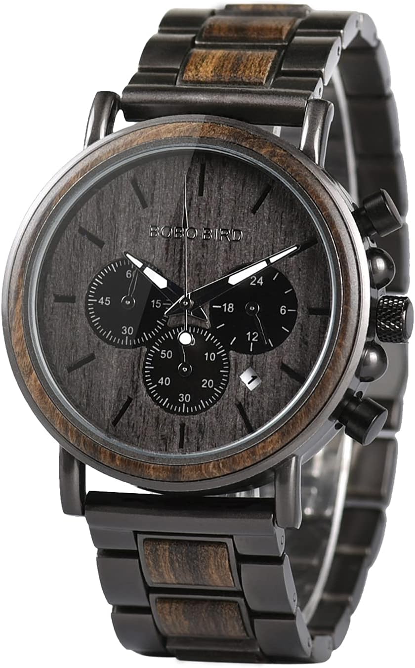 BOBO BIRD Relojes de madera para hombre, con cronógrafo combinado de madera y acero inoxidable, cuarzo militar, relojes de pulsera casuales